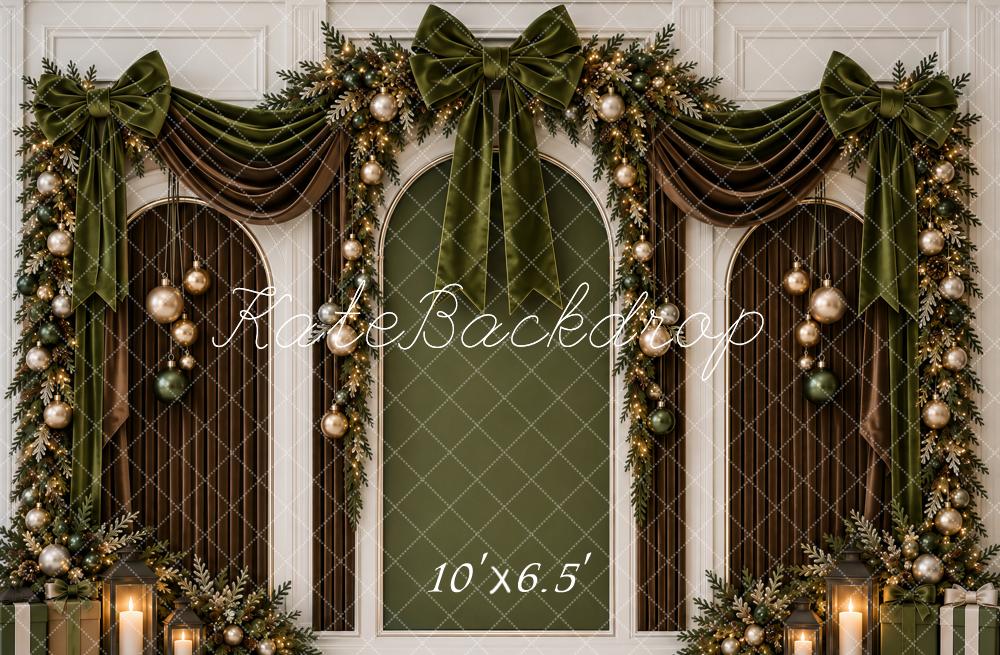Kate Christmas Arched Wall Green Velvet Bow Garland Printed Backdrop Designed by Ashley Paul