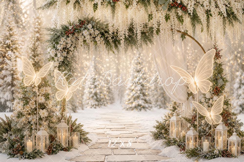 Kate Christmas Winter Floral Arch Dreamy Butterflies Lanterns Printed Backdrop Designed by Emetselch