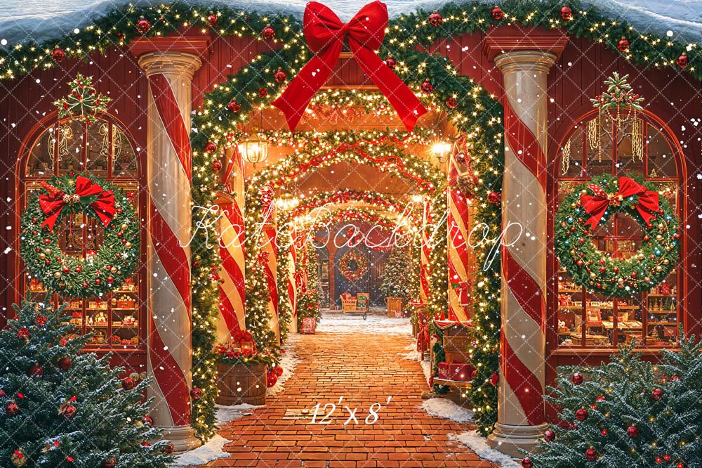 Kate Christmas Garland Wreath Red Bows Candy Cane Columns Path Backdrop Designed by Emetselch