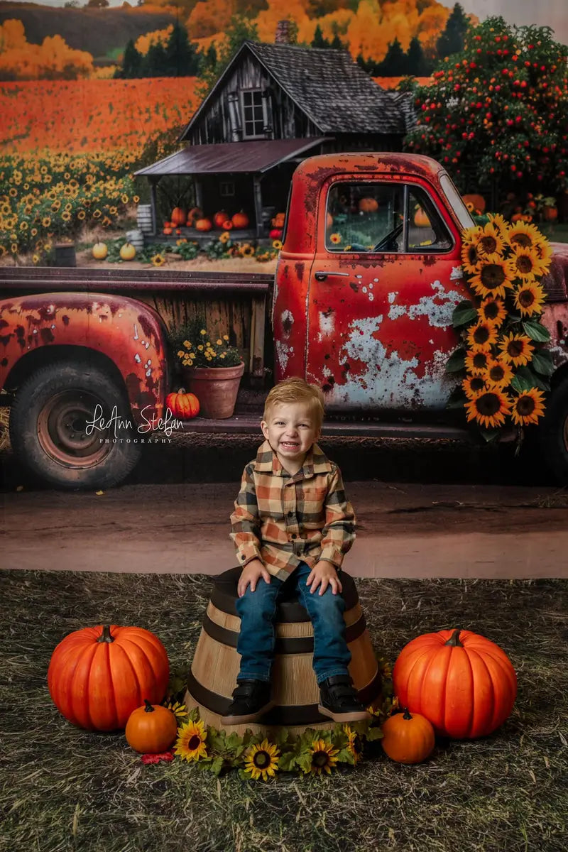 Kate Autumn Outdoor Forest Sunflower Orange Broken Truck Backdrop Designed by Mini MakeBelieve