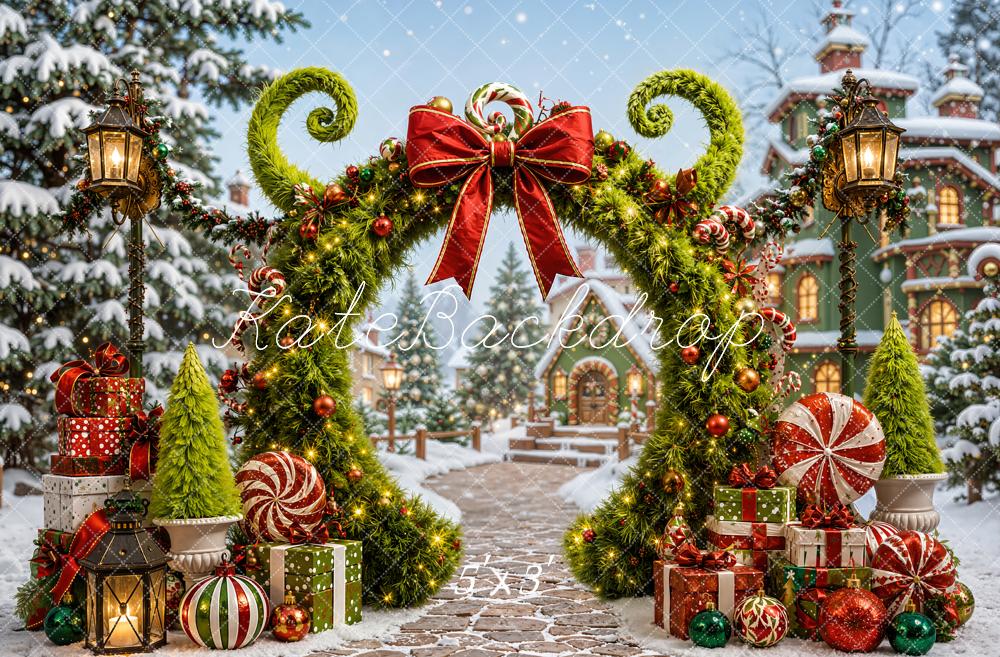 Kate Christmas Fantasy Green Arch Village Peppermint Candy Lane Printed Backdrop Designed by Chain Photography