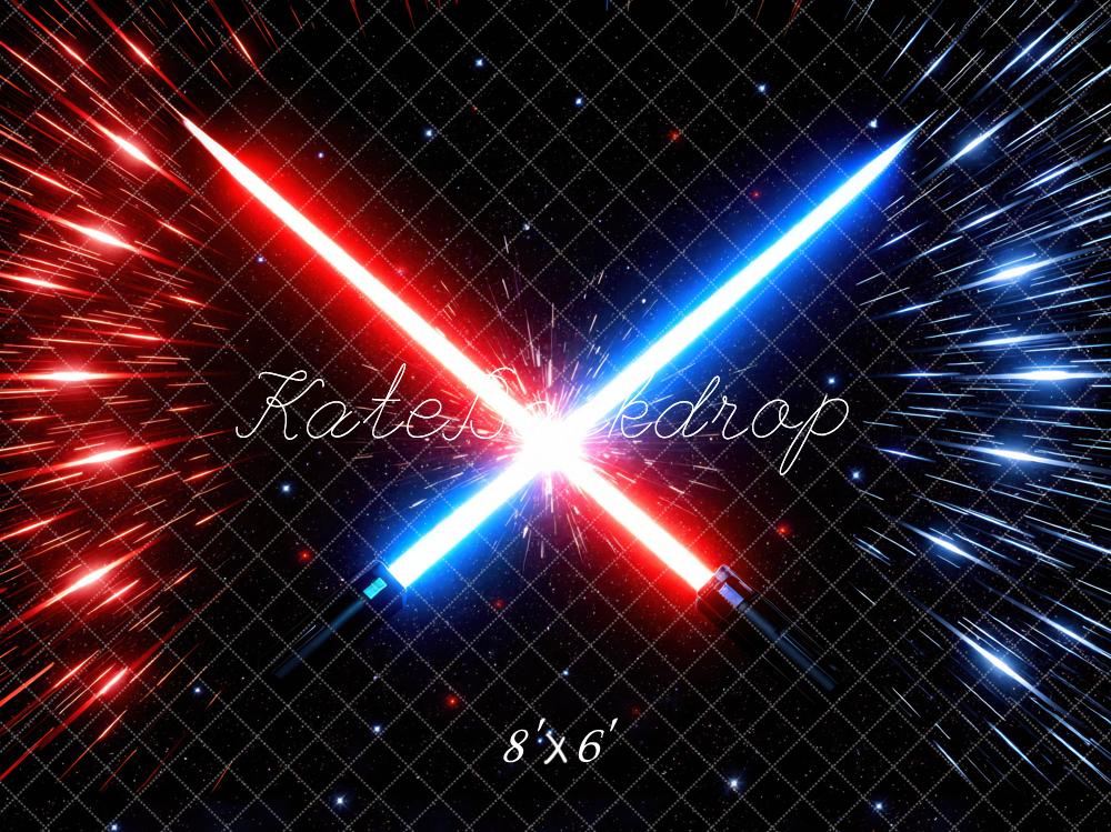 Kate Red Blue Laser Swords Space Burst Printed Backdrop Designed by Mini MakeBelieve