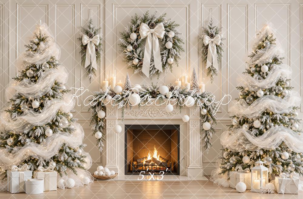 Kate Christmas Trees White Sheer Organza Ribbon Fireplace Wreath Printed Backdrop Designed by Emetselch