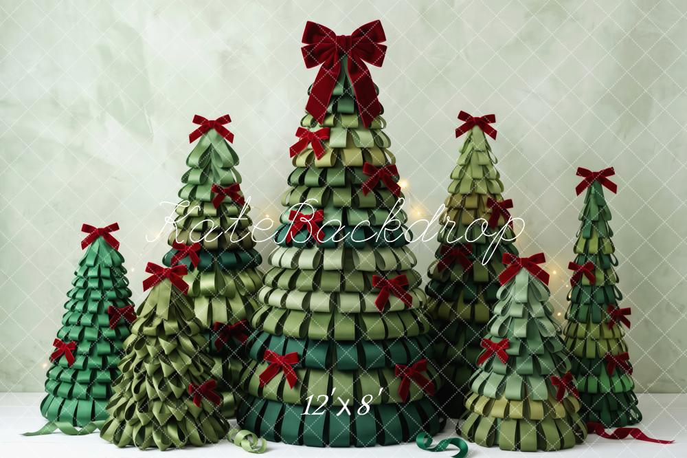 Kate Christmas Green Ribbon Trees Red Bows Printed Backdrop Designed by Patty Roberts