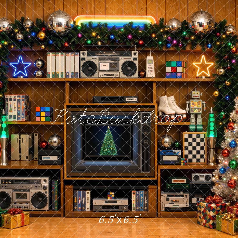 Kate Christmas Retro 80s Wall Shelf Christmas Tree Disco Ball Printed Backdrop Designed by Mini MakeBelieve