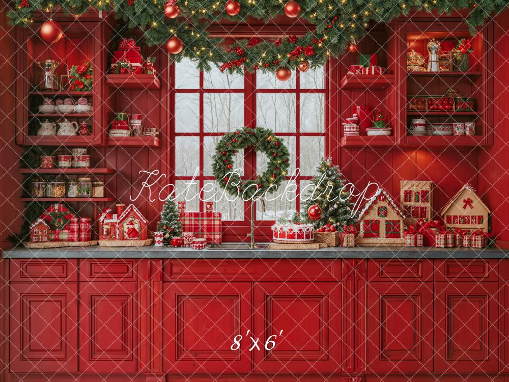 Kate Christmas Red Kitchen Cabinet Garland Gingerbread House Wreath Backdrop Designed by Emetselch