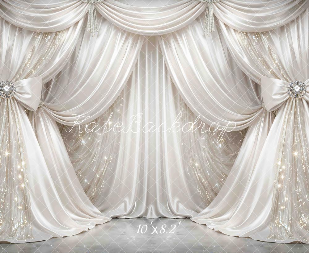 Kate Glamorous White Draped Curtains Bows Sparkle Printed Backdrop Designed by Mini MakeBelieve
