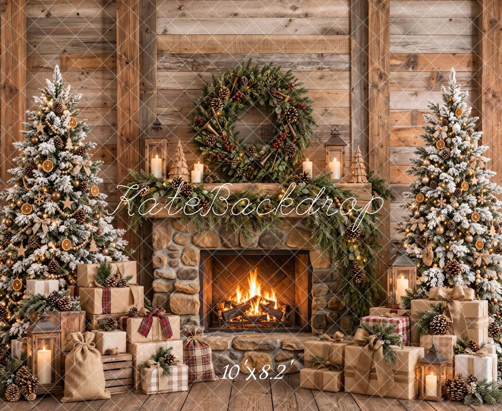 Kate Christmas Rustic Fireplace Trees Wreath Printed Backdrop Designed by Emetselch