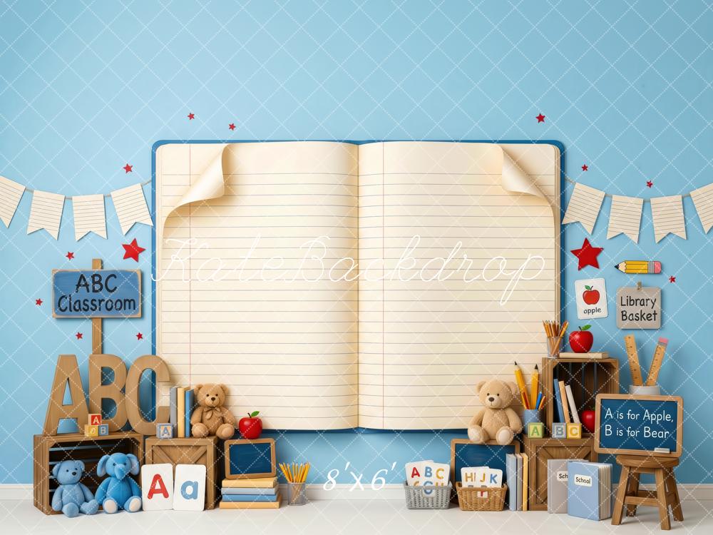 Kate Back To School Blue Classroom ABC Open Book Printed Backdrop Designed by Patty Roberts