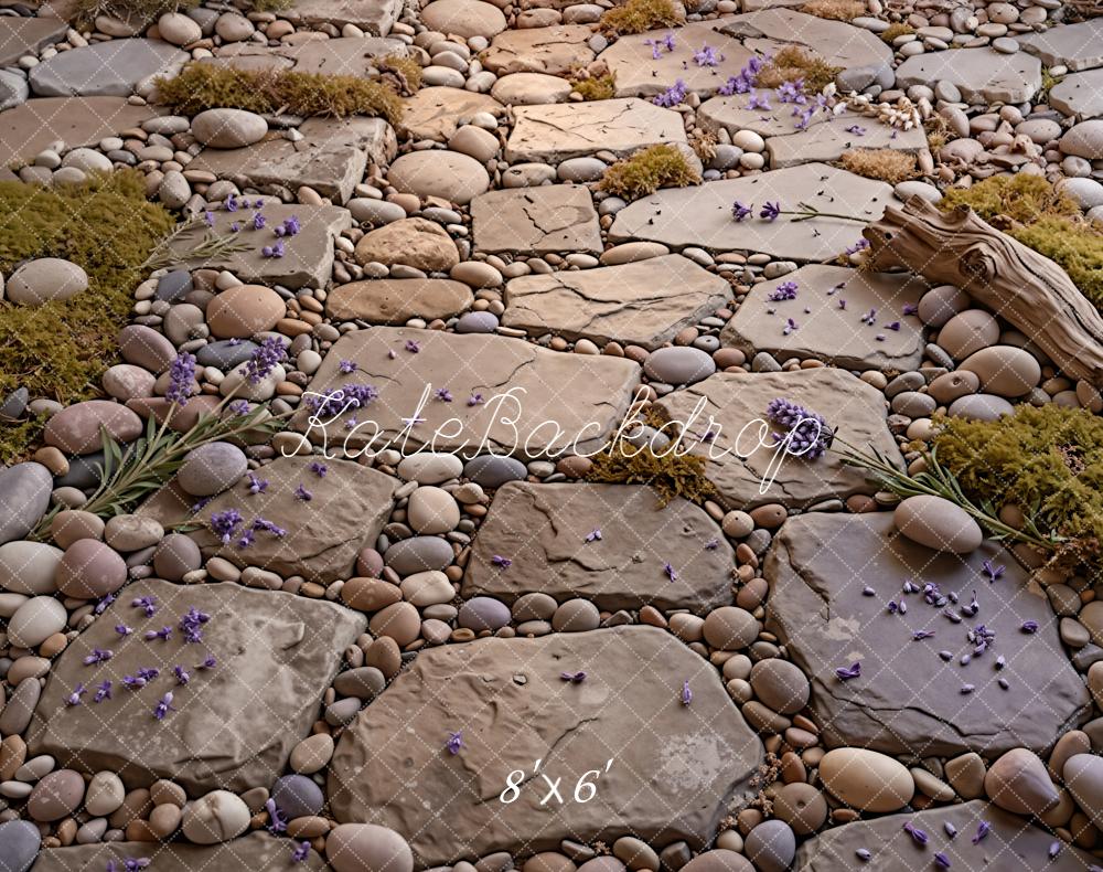 Kate Stone Pathway Pebbles Moss Log Purple Flowers Floor Printed Backdrop Designed by Kate Image