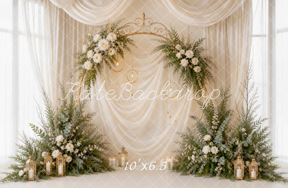 Kate Romantic White Floral Arch Gold Sheer Drapes Printed Backdrop Designed by Emetselch