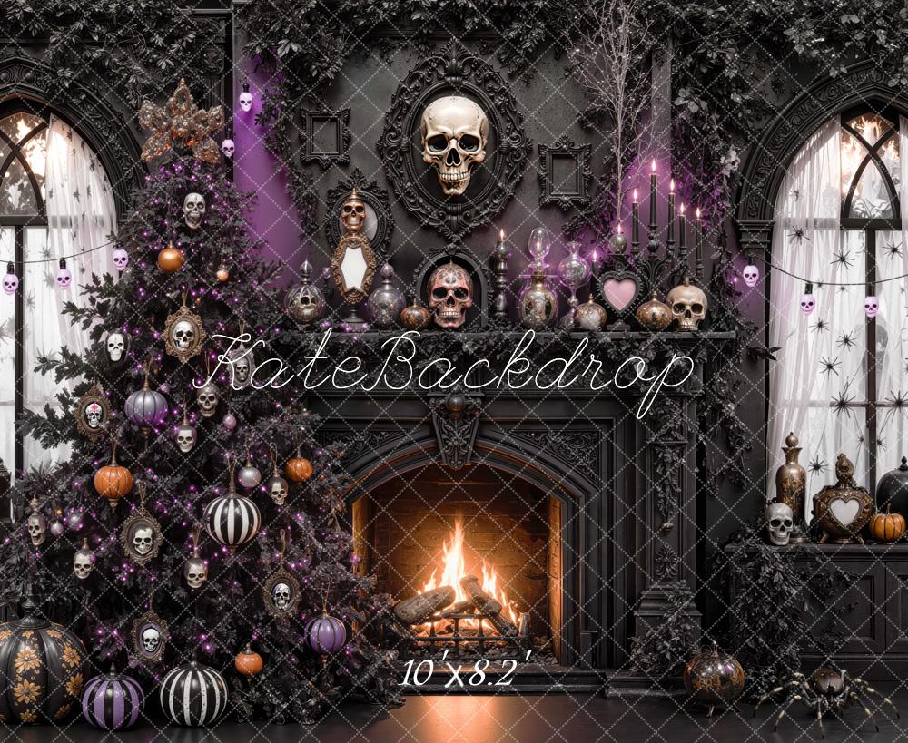 Kate Halloween Gothic Fireplace Skull Tree Black Printed Backdrop Designed by Mini MakeBelieve