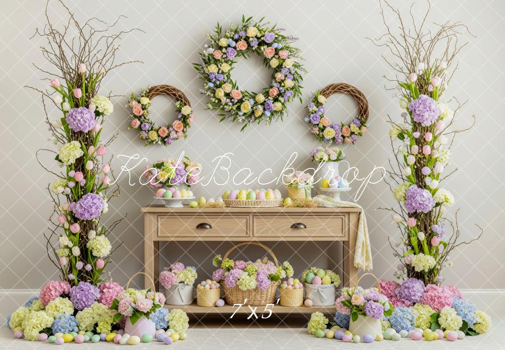 Kate Easter Flower Arch Wreath Pastel Eggs Table Printed Backdrop Designed by Patty Roberts