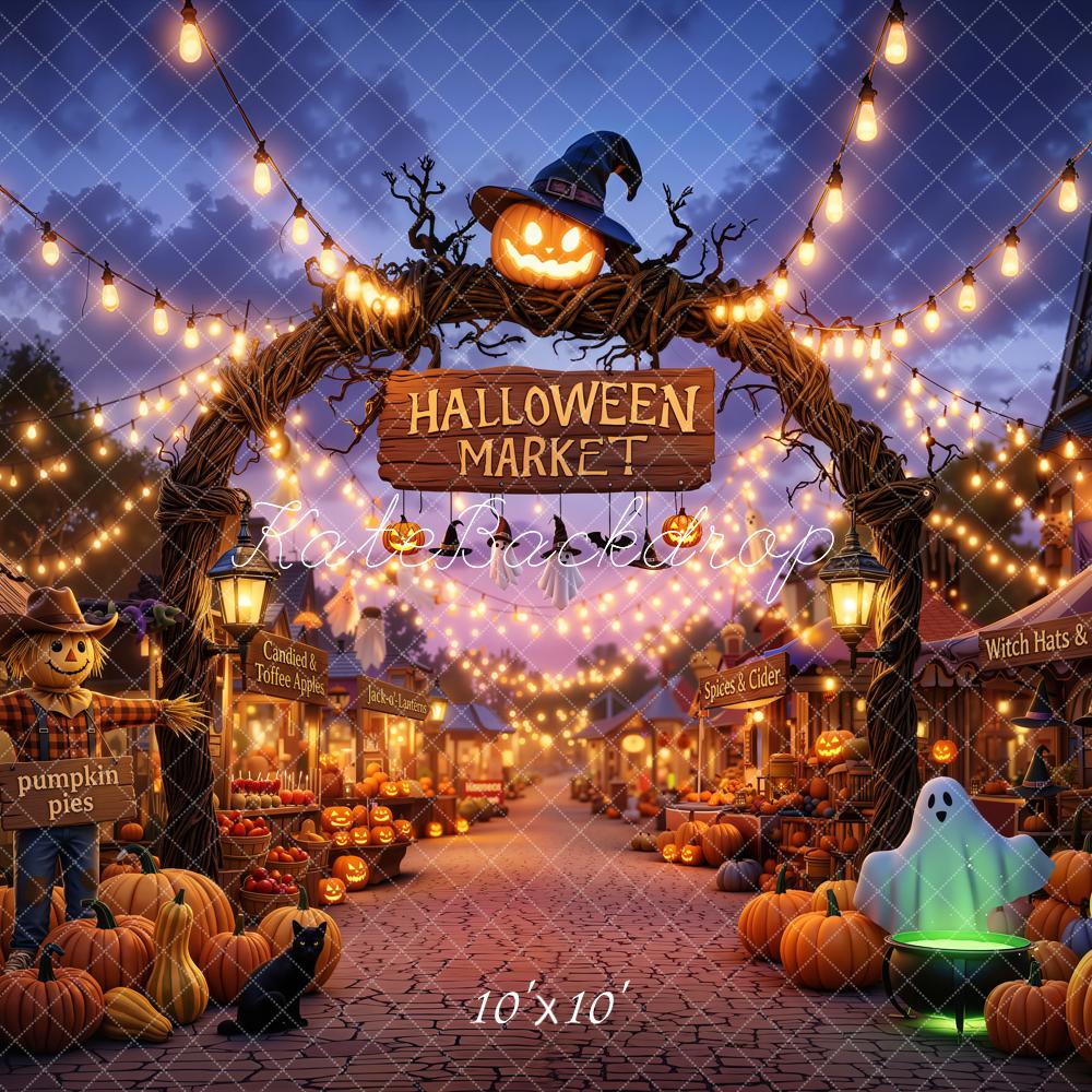 Kate Halloween Market Arch Pumpkins Ghost String Lights Printed Backdrop Designed by Chain Photography