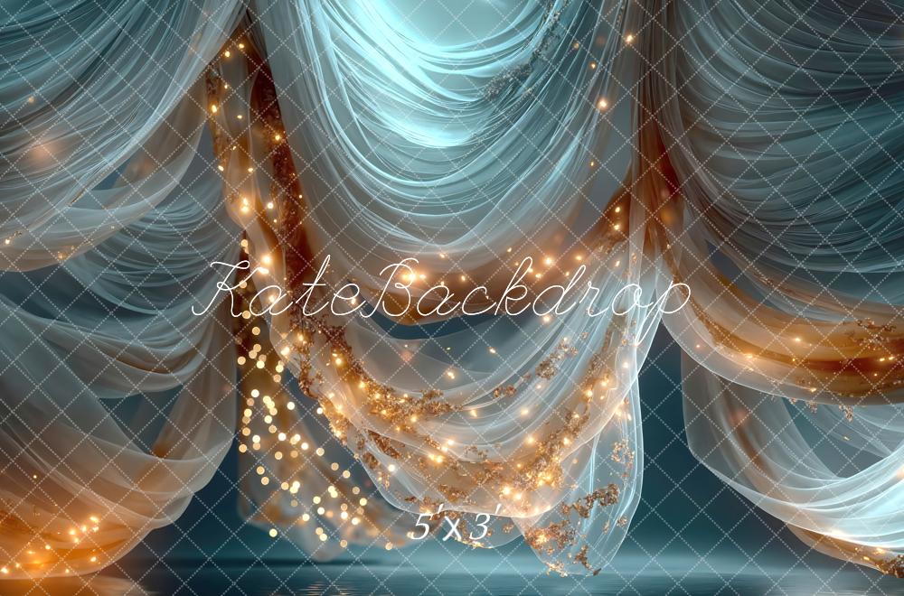 Kate Blue Sheer Drapes with String Lights Printed Backdrop Designed by Mini MakeBelieve