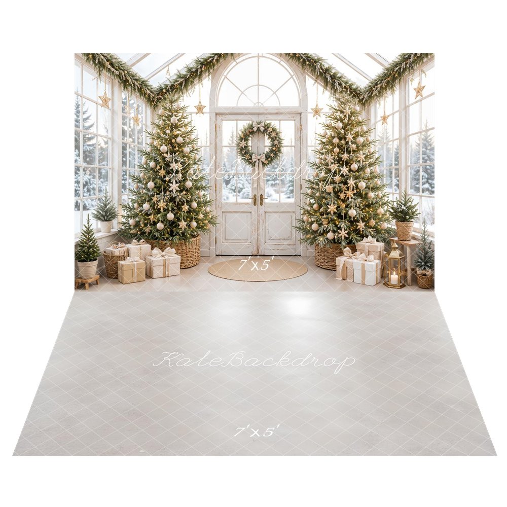 Kate Christmas Greenhouse Gold Star Trees Wreath Presents Printed Backdrop+Light Gray Glossy Floor Printed Backdrop