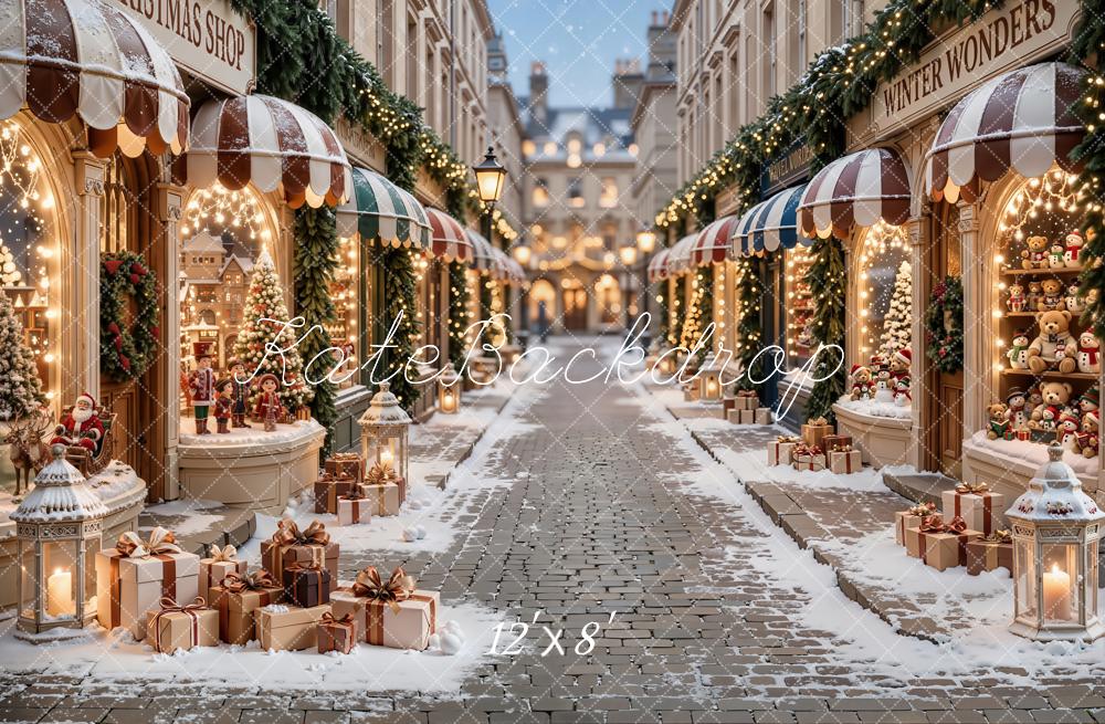 Kate Christmas Shop Snowy Street Gifts Printed Backdrop Designed by Emetselch