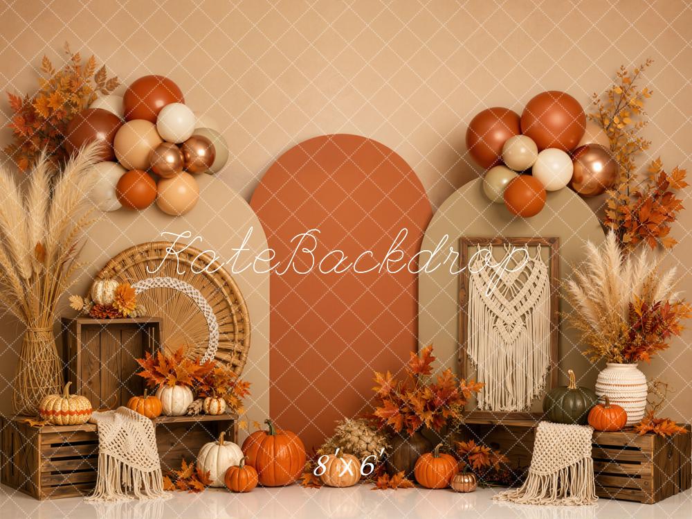 Kate Fall Boho Pumpkin Arch Balloons Crates Printed Backdrop Designed by Emetselch
