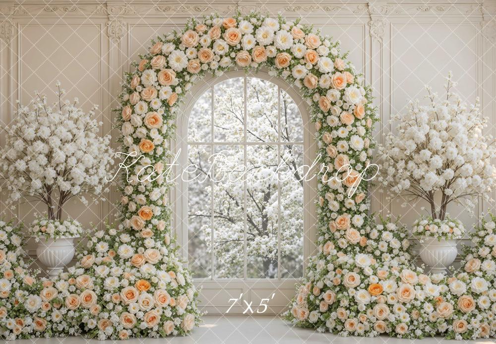 Kate Spring Flower Arch Cream Rose Blossoms Window Backdrop Designed by Mini MakeBelieve