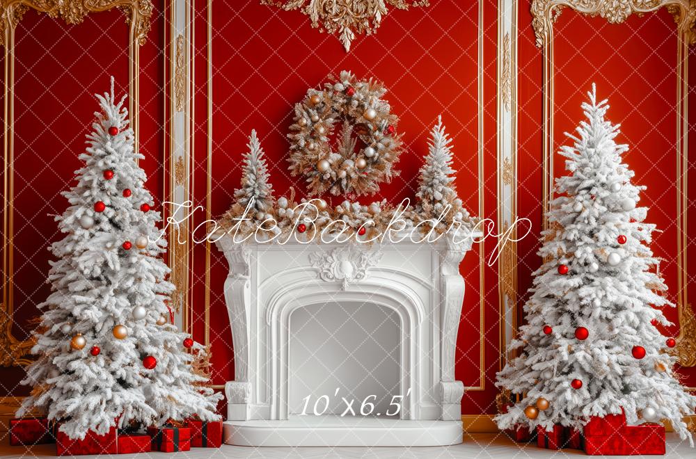 Kate Christmas White Frosted Trees Fireplace Red Wall Wreath Backdrop Designed by Patty Roberts