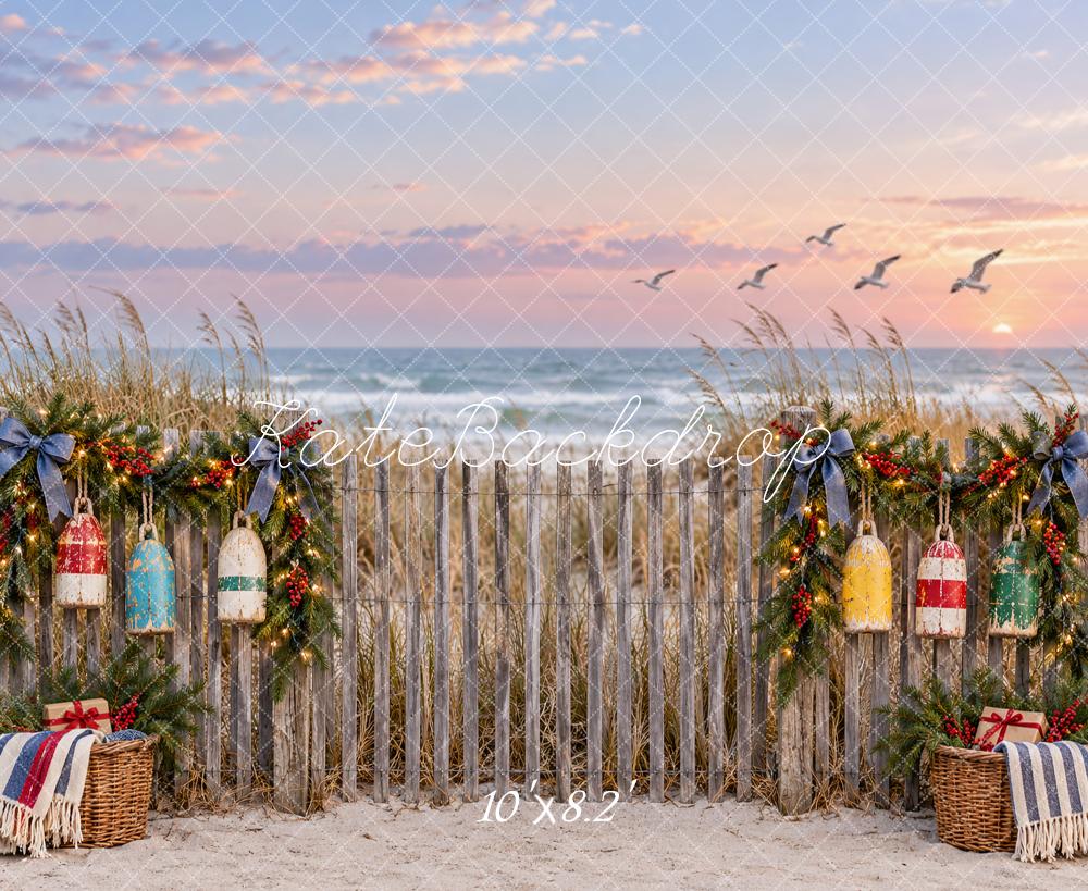 Kate Christmas Beach Fence Garland Buoys Printed Backdrop Designed by Vertigo Productions