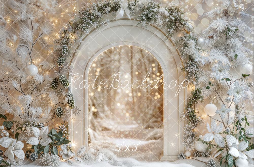 Kate Christmas Winter White Arch Snowy Trees Bokeh Backdrop Designed by Emetselch
