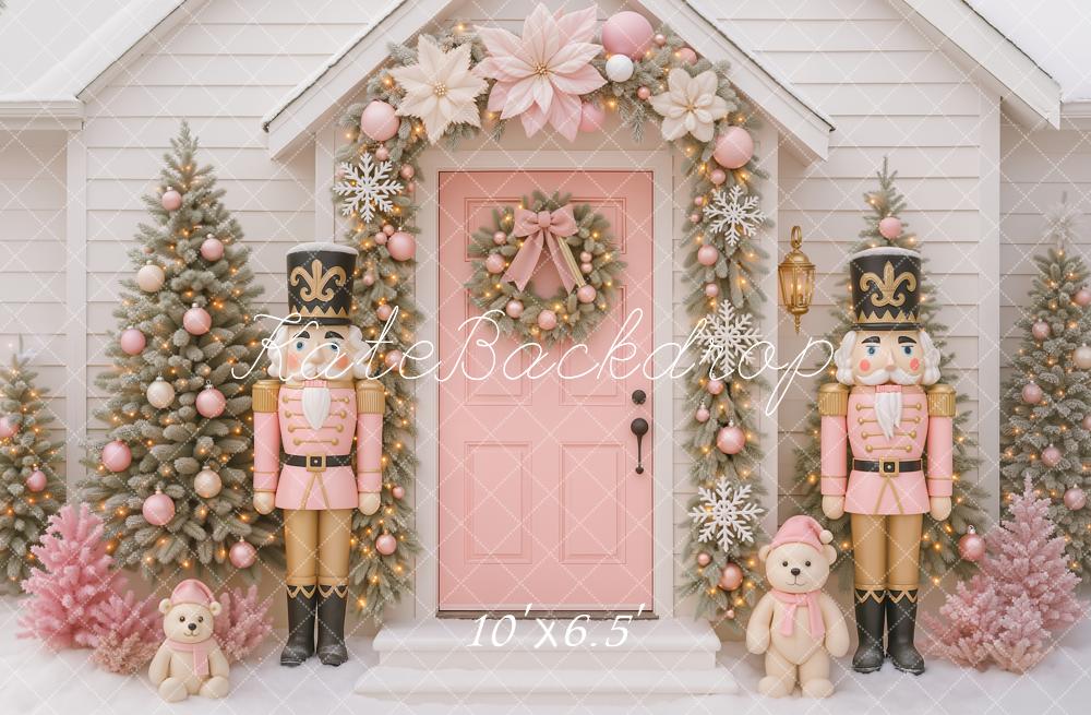 Kate Christmas Nutcracker Pink Door Wreath Trees Teddy Bear Backdrop Designed by Ashley Paul