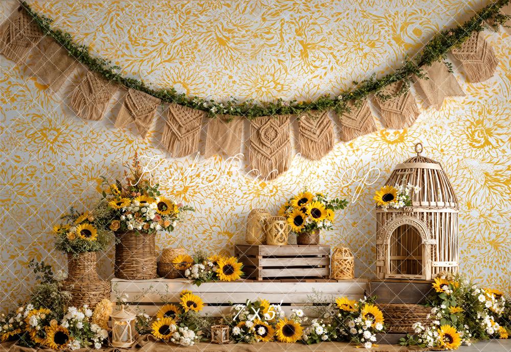 Kate Boho Sunflower Wicker Basket Birdcage Yellow Floral Printed Backdrop Designed by Emetselch