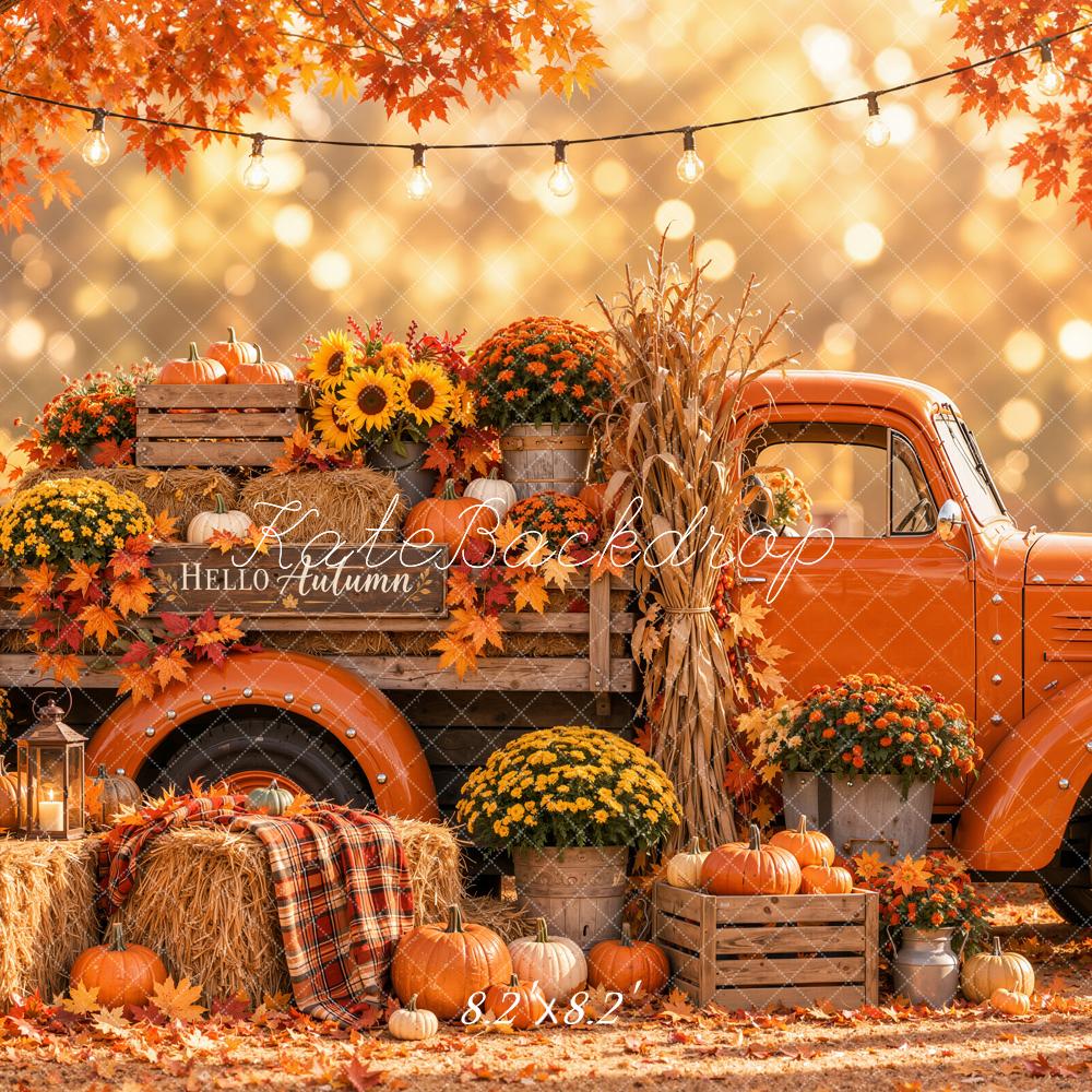 Kate Fall Orange Vintage Truck Pumpkin Harvest Forest Printed Backdrop Designed by Emetselch