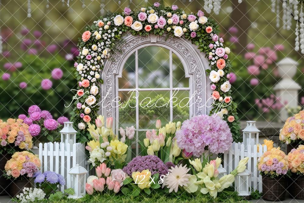 Kate Spring Flower Arch Window Garden White Fence Lanterns Printed Backdrop Designed by Mini MakeBelieve