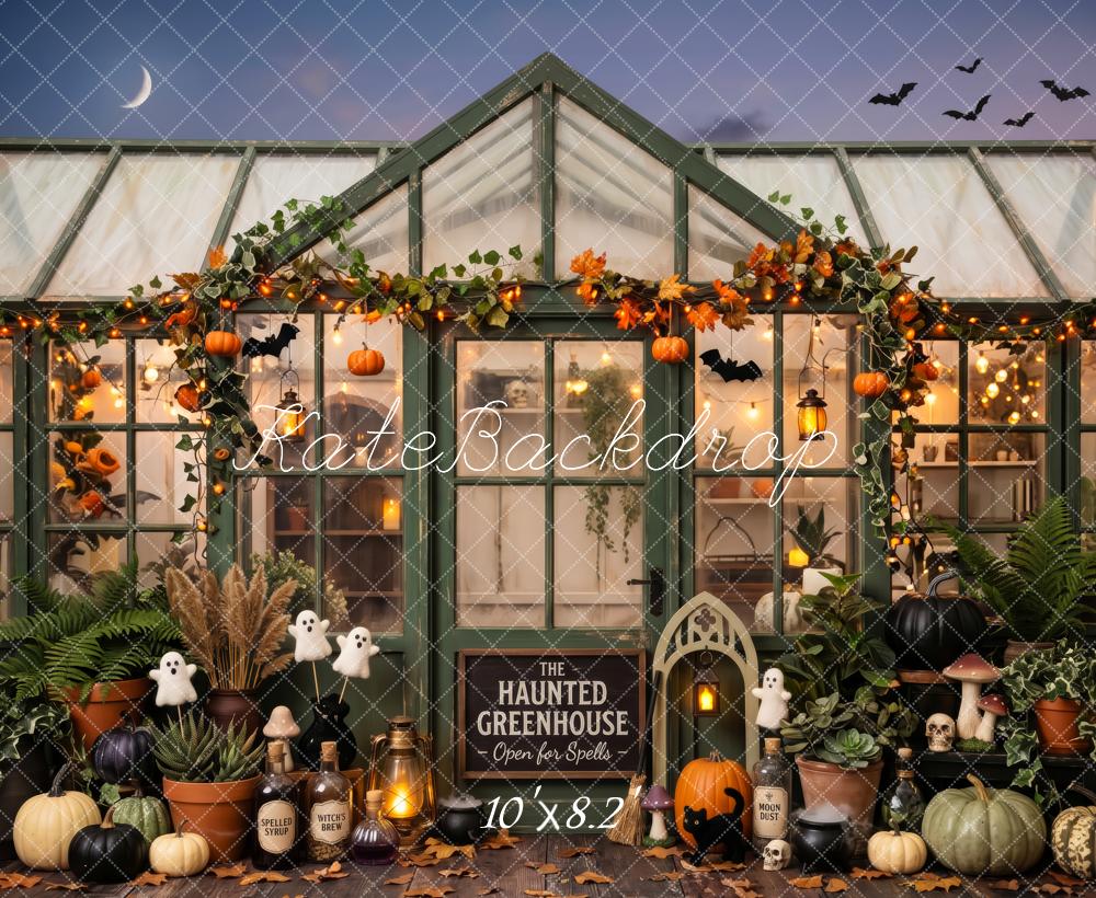 Kate Halloween Haunted Greenhouse Pumpkins Leaves Printed Backdrop Designed by Patty Roberts