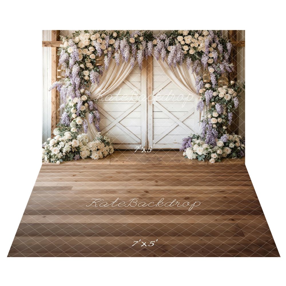 Kate Spring Flower Arch White Barn Door Lavender Roses Backdrop+Brown Wood Plank Floor Backdrop