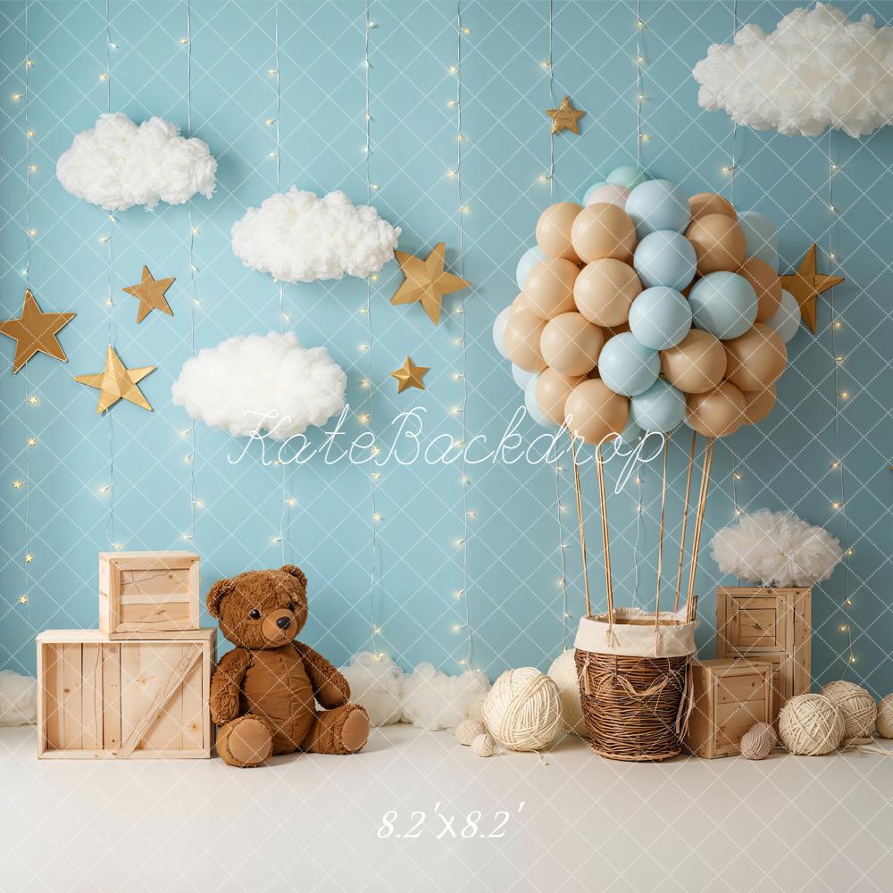 Kate Cake Smash Blue Hot Air Balloon Cloud Stars Teddy Bear Backdrop Designed by Emetselch