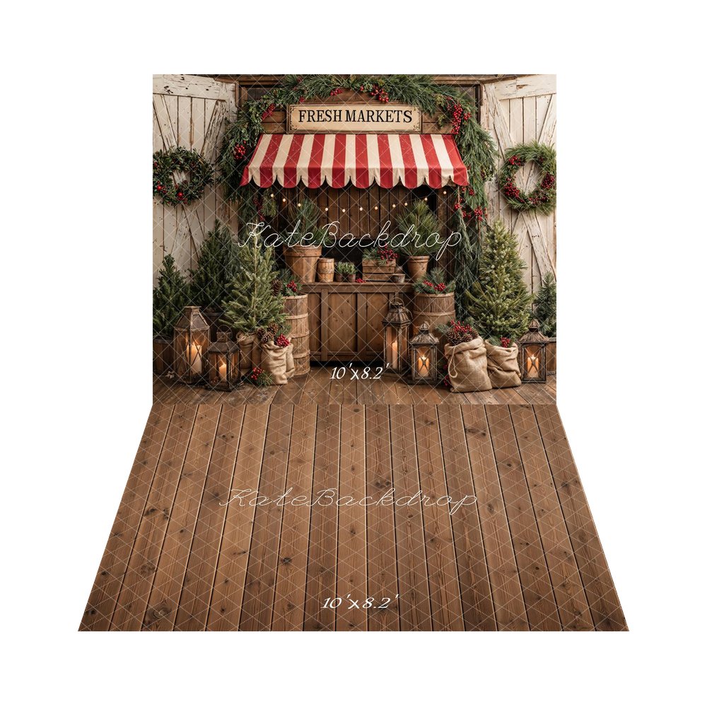 Kate Christmas Market Pine Trees Wreath Lanterns Barrels Printed Backdrop+Brown Wooden Plank Floor Printed Backdrop