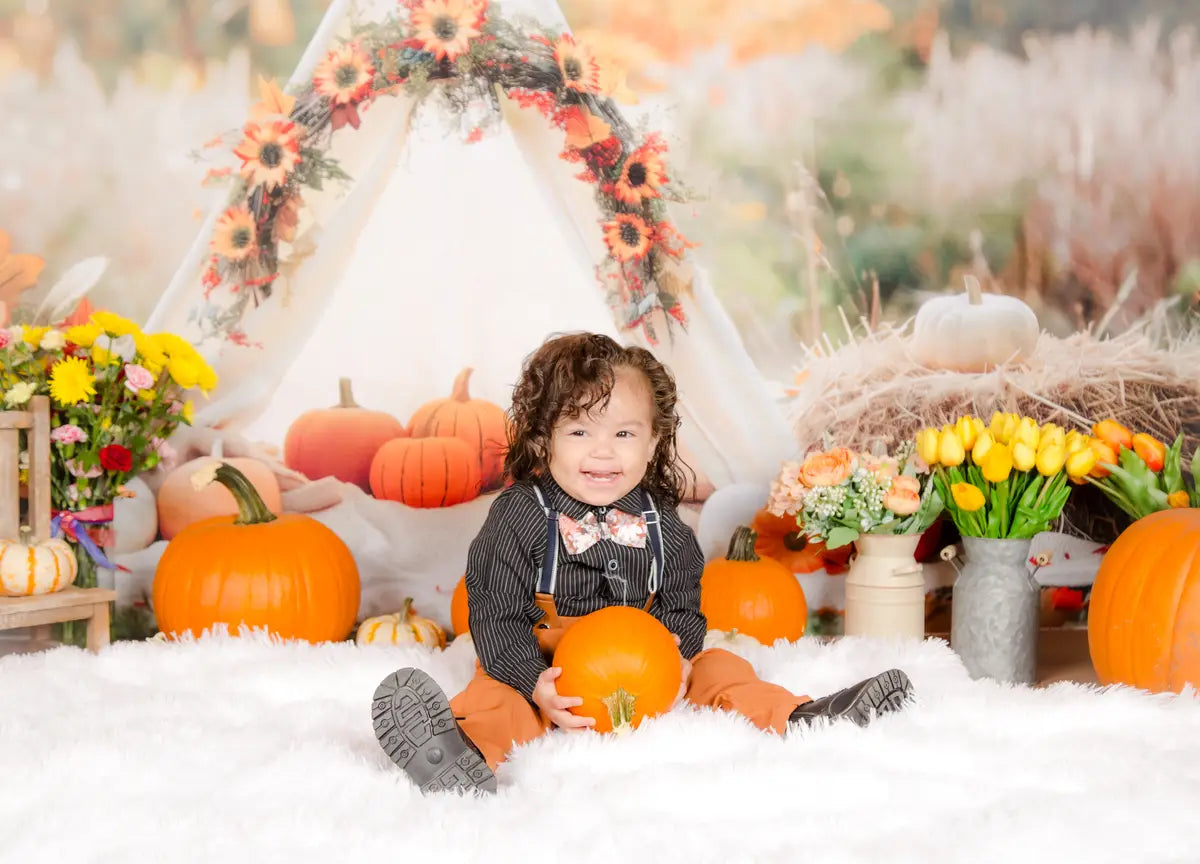 Kate Fall White Teepee Decorated With Pumpkins Backdrop Designed by Patty Robert