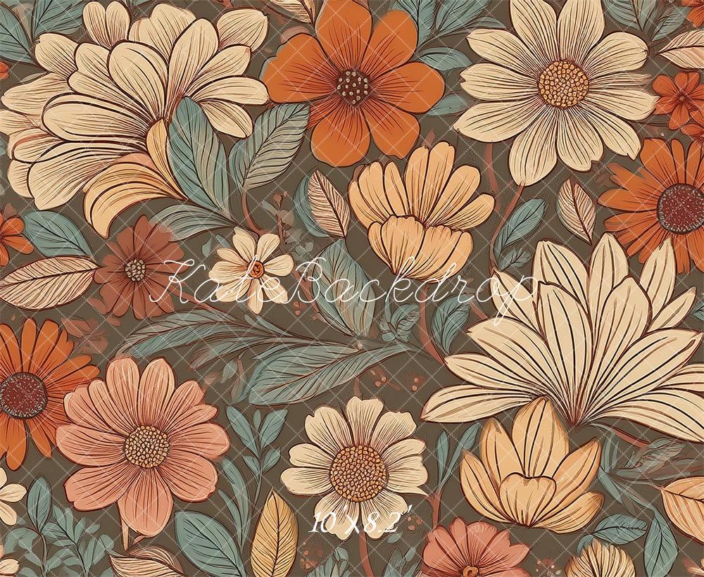 Kate Coral Teal and Ivory Retro Flower Pattern Backdrop Designed by Mandy Ringe Photography