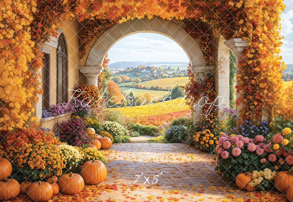 Autumn Scenery Arch Floral Pumpkins Photo Backdrop