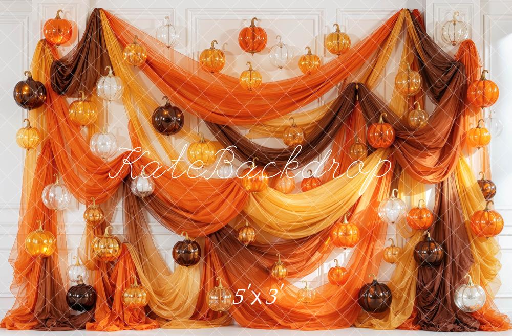 Kate Halloween Orange Glass Pumpkins Drapes Printed Backdrop Designed by Mini MakeBelieve