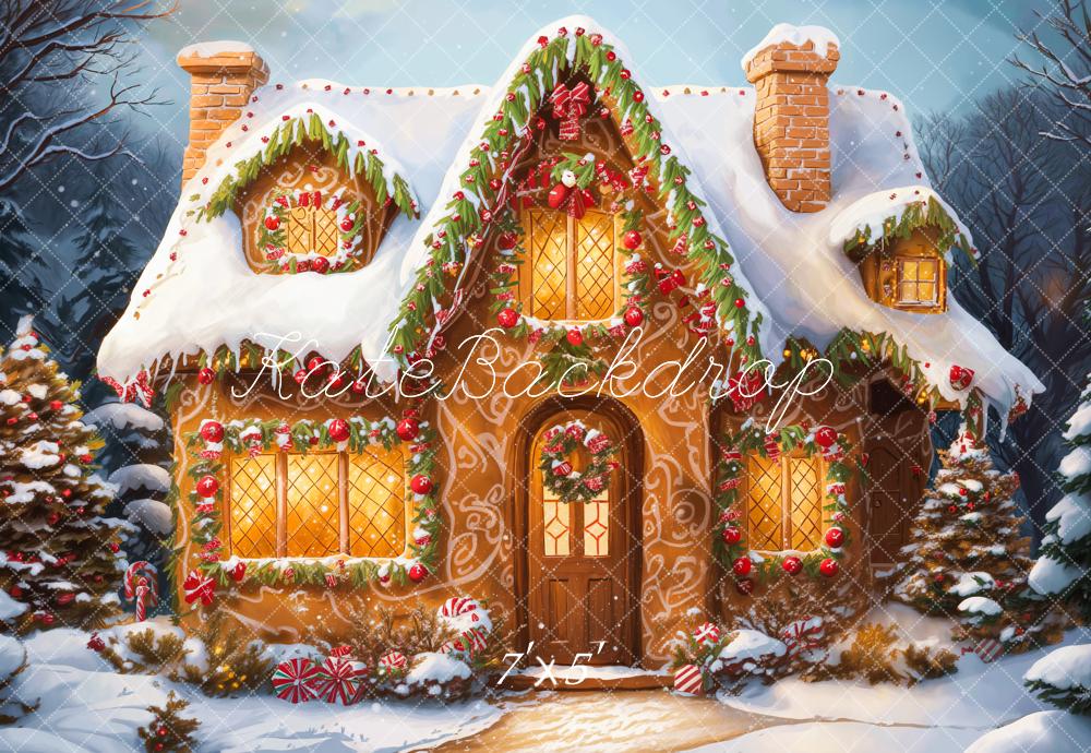 Kate Christmas Cartoon Cabin Snow White Printed Backdrop Designed by Emetselch