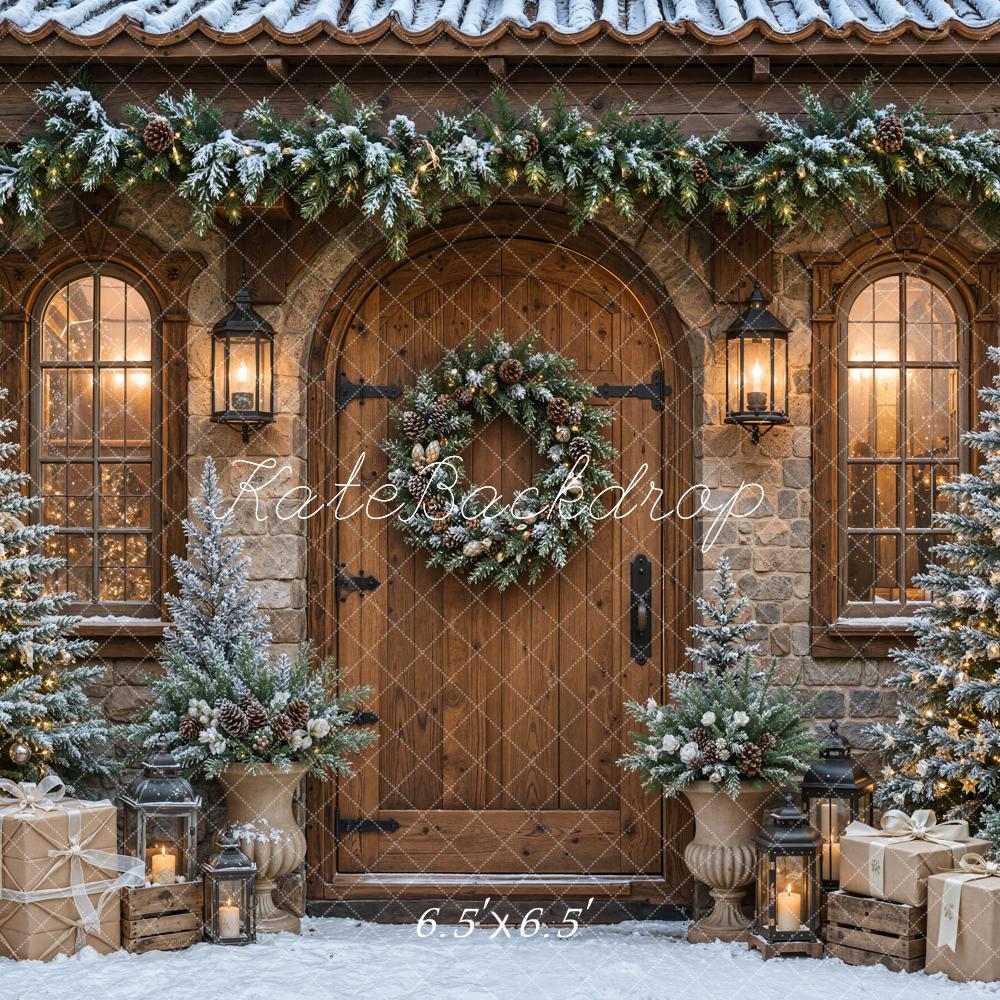 Kate Christmas Trees Rustic Cabin Wood Door Garland Snowy Printed Backdrop Designed by Emetselch