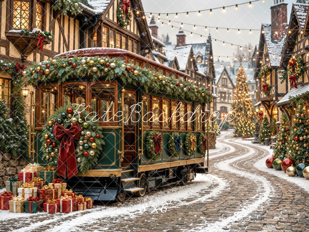 Kate Christmas Trolly Snowy Village Street Printed Backdrop Designed by Mini MakeBelieve