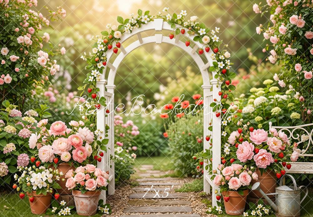 Kate Flower Arch Strawberry Rose Garden Printed Backdrop Designed by Patty Roberts