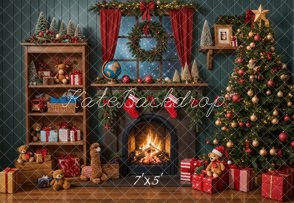 Kate Christmas Tree Fireplace Shelf Gifts Fleece Backdrop Designed by Emetselch