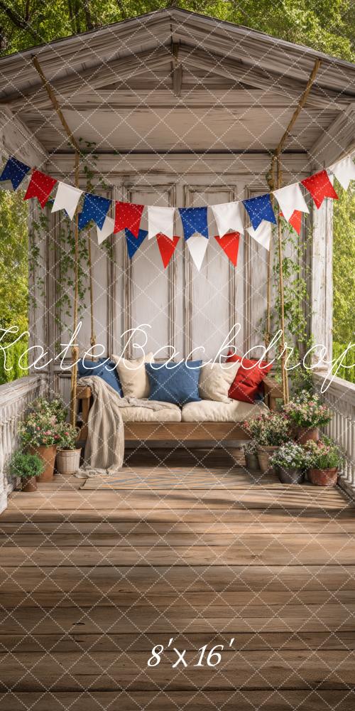 Kate Sweep 4th of July Porch Swing Red White Blue Bunting Plants Printed Backdrop Designed by Happy Squirrel Design