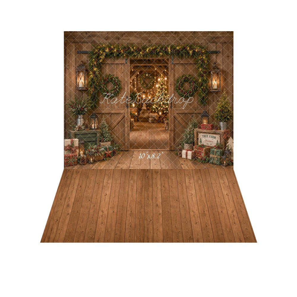 Kate Christmas Rustic Barn Door Garland Wreath Trees Printed Backdrop+Brown Wood Plank Floor Printed Backdrop
