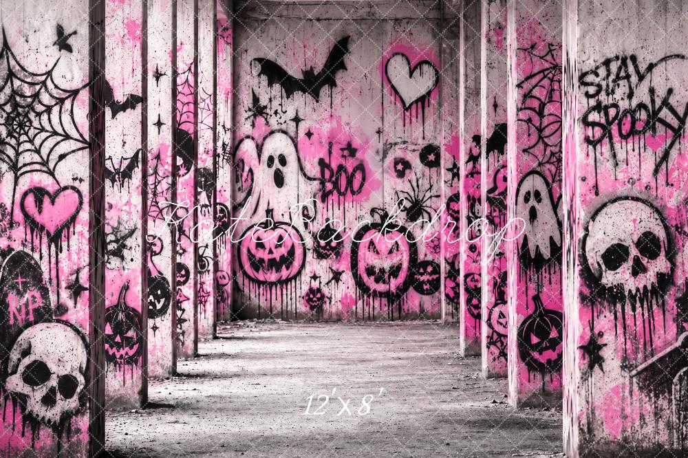 Kate Halloween Pink Graffiti Haunted Hallway Printed Backdrop Designed by Ashley Paul