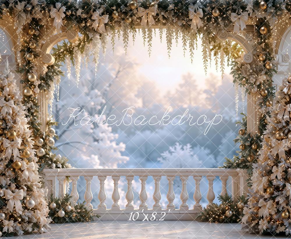 Kate Christmas Balcony White Gold Garland Trees Arch Printed Backdrop Designed by Mini MakeBelieve