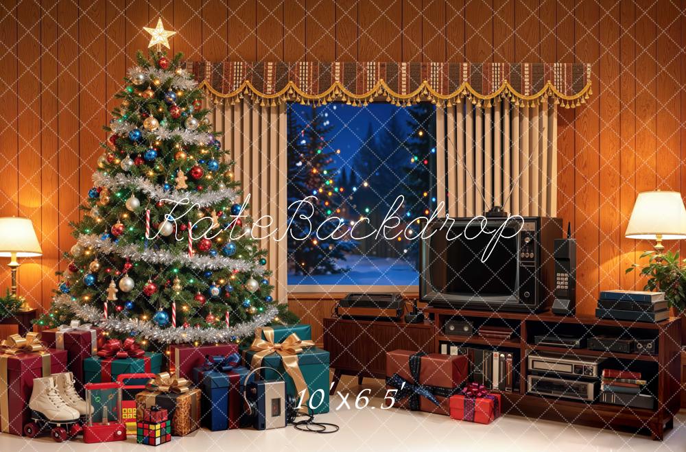Kate Christmas 80s Retro Living Room TV Tree Gifts Printed Backdrop Designed by Mini MakeBelieve