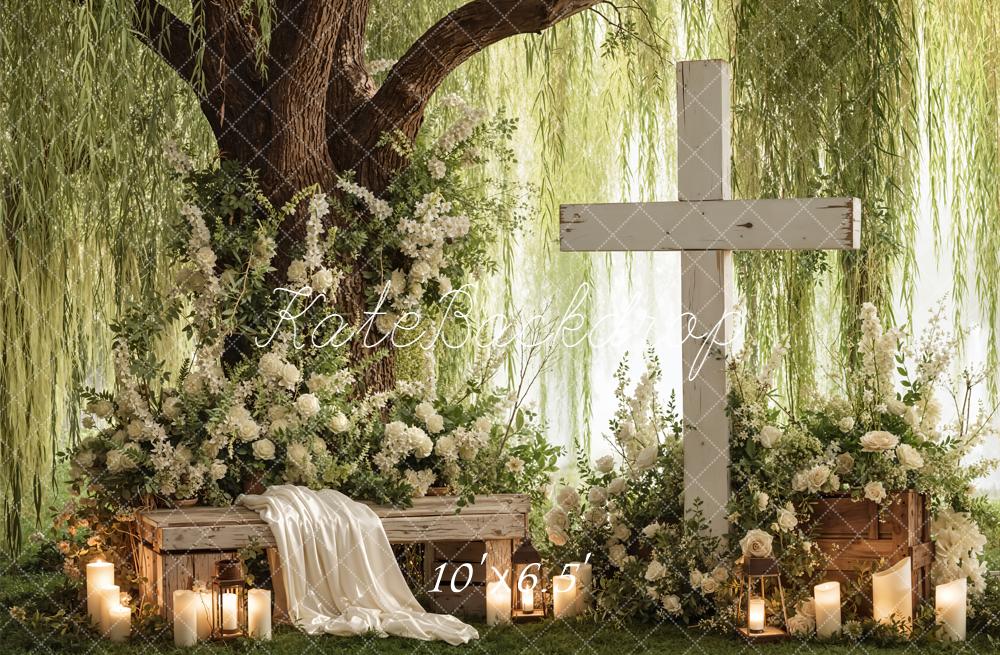 Kate Spring Cross Floral Bench Candles and Willow Tree Backdrop Designed by Emetselch