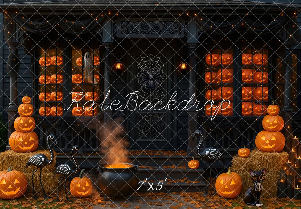 Kate Halloween Porch Pumpkins Cauldron Spider Web Backdrop Designed by Mini MakeBelieve